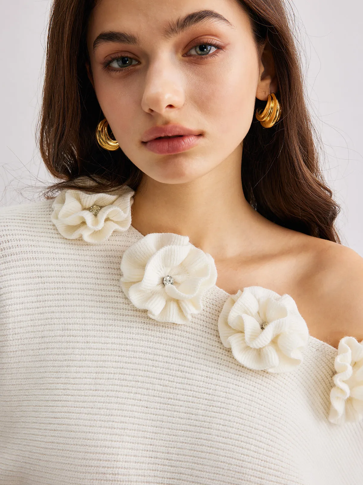 3D Flower Cold-Shoulder Sweater