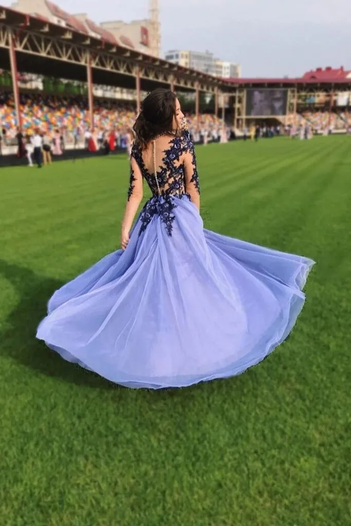 A Line Long SLeeves Blue Lace Appliques Prom Dresses PFP1568