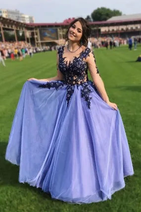 A Line Long SLeeves Blue Lace Appliques Prom Dresses PFP1568