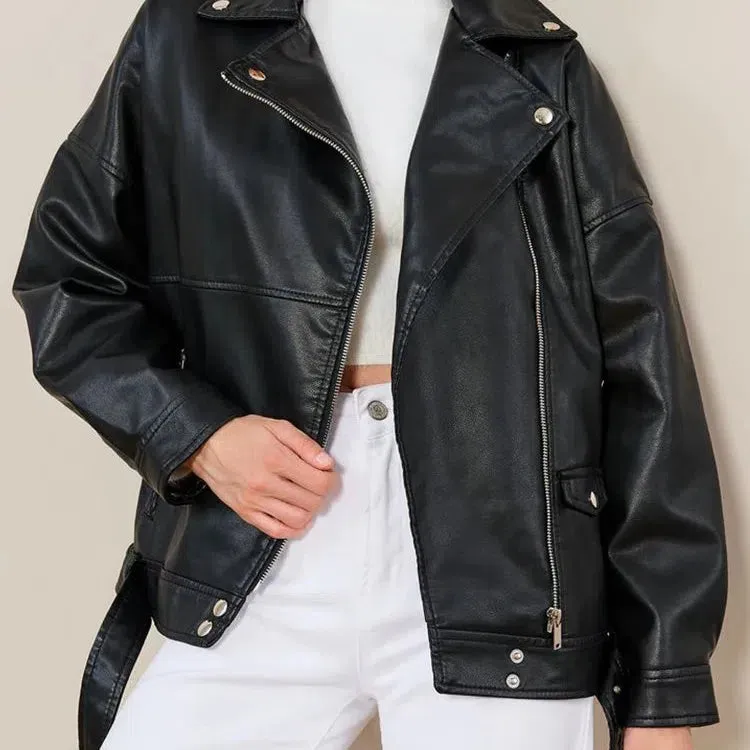 Ailegogo Women Loose Moto Biker Black Pu Faux Leather Jacket