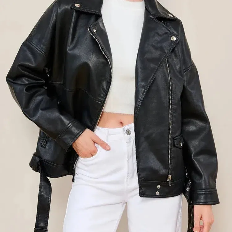 Ailegogo Women Loose Moto Biker Black Pu Faux Leather Jacket