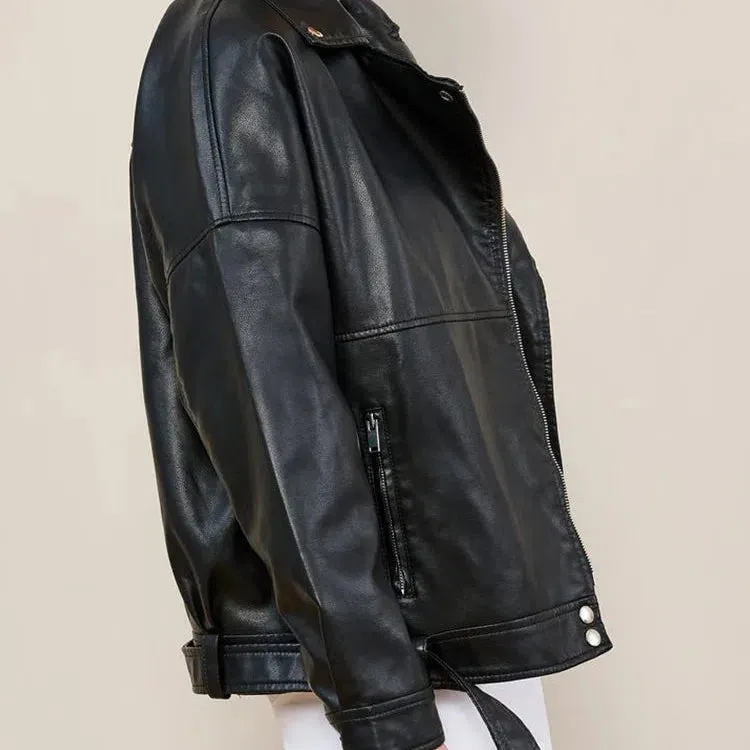 Ailegogo Women Loose Moto Biker Black Pu Faux Leather Jacket