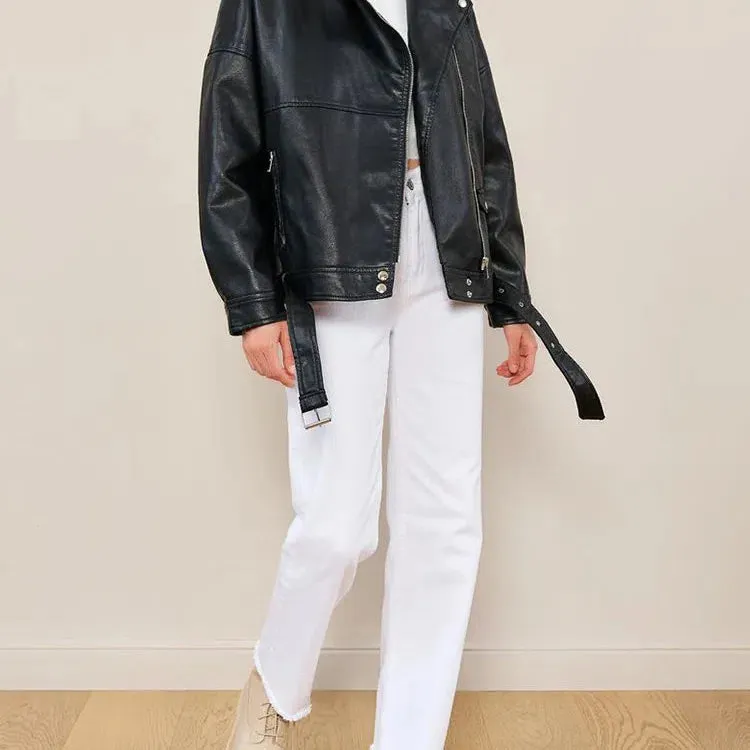 Ailegogo Women Loose Moto Biker Black Pu Faux Leather Jacket