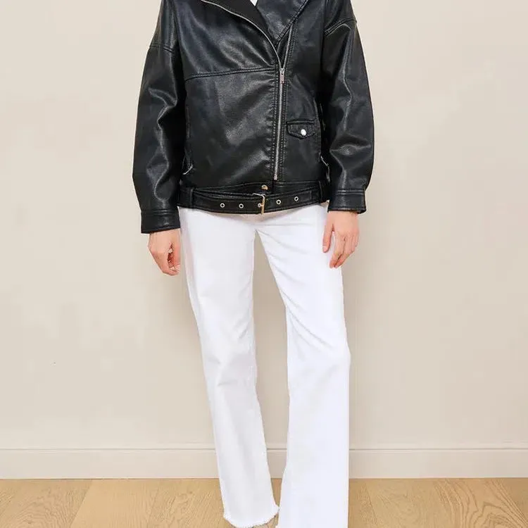 Ailegogo Women Loose Moto Biker Black Pu Faux Leather Jacket