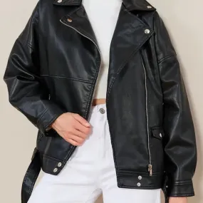 Ailegogo Women Loose Moto Biker Black Pu Faux Leather Jacket