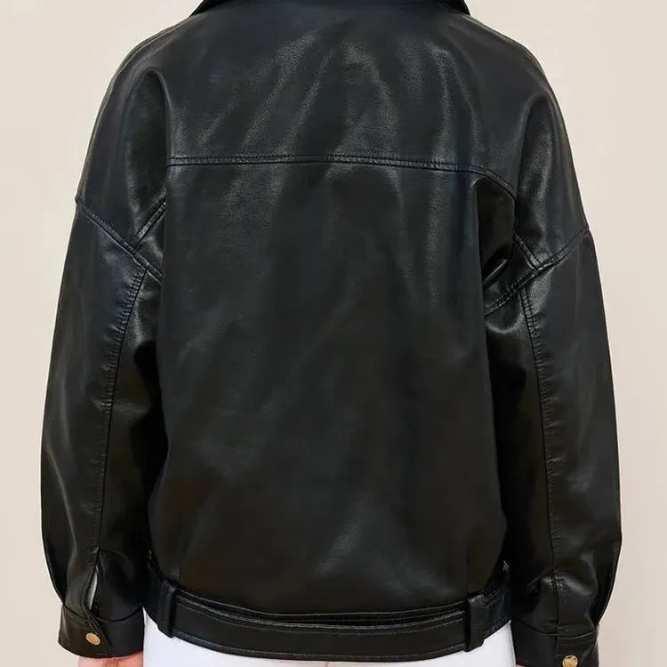 Ailegogo Women Loose Moto Biker Black Pu Faux Leather Jacket