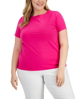 Anne Klein Womens Plus Size Scalloped Shirt 10838034 Pink Pansy 1X