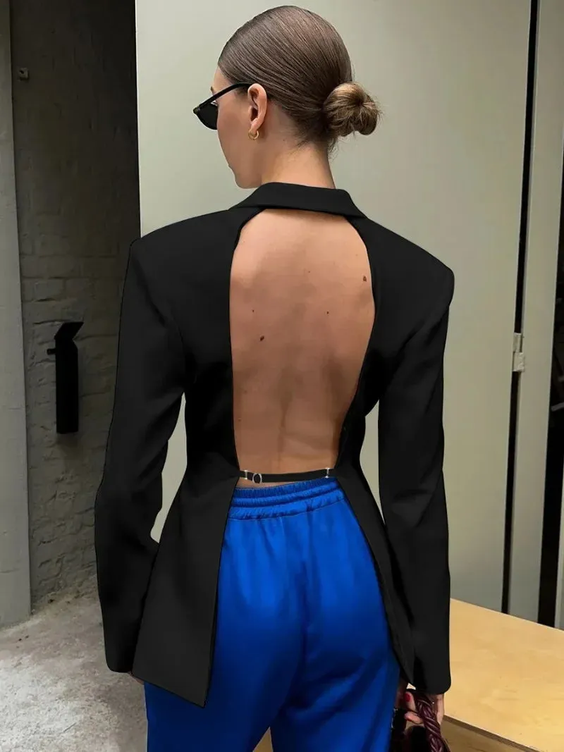 Backless  Black Suit Long Sleeve Blazer Coat