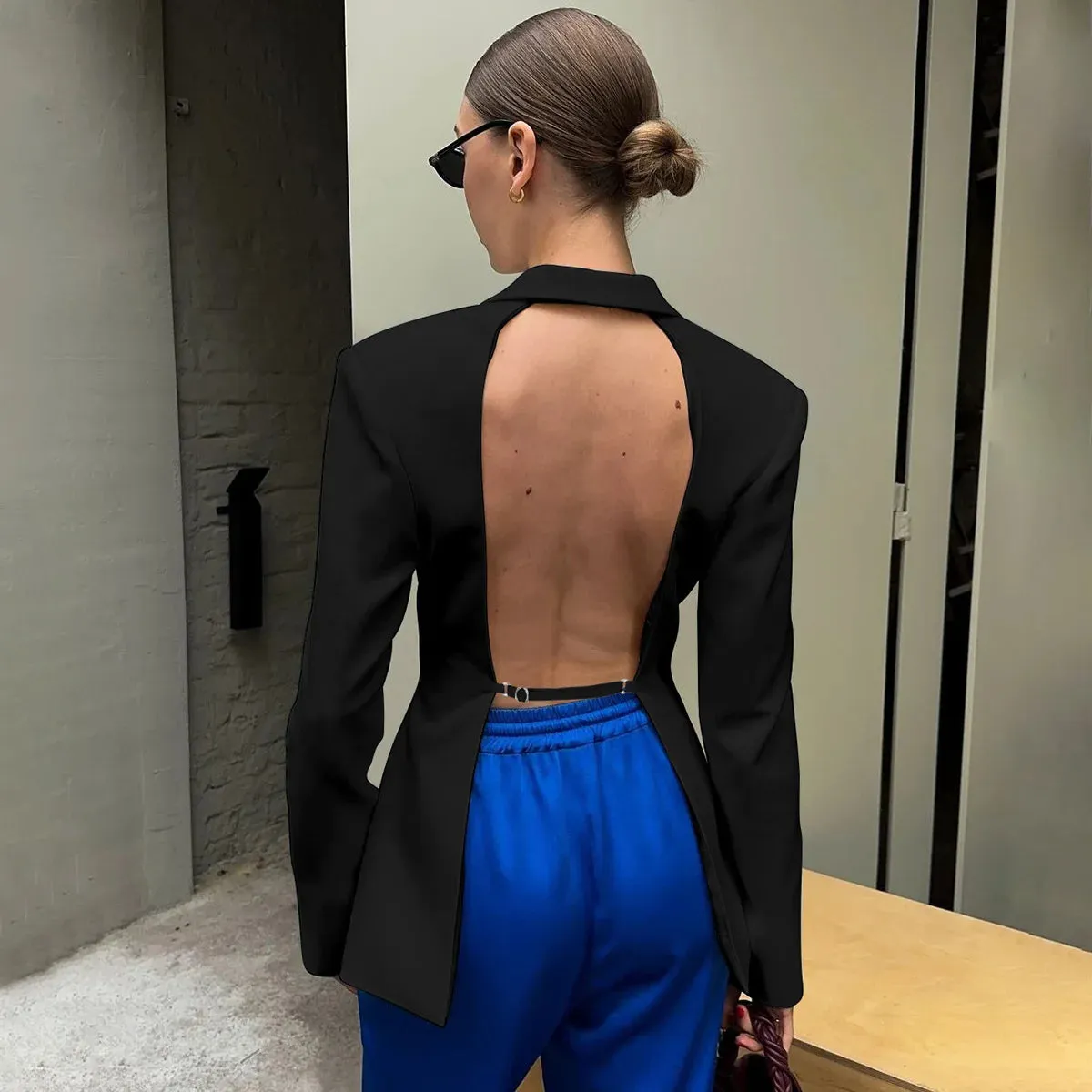 Backless  Black Suit Long Sleeve Blazer Coat