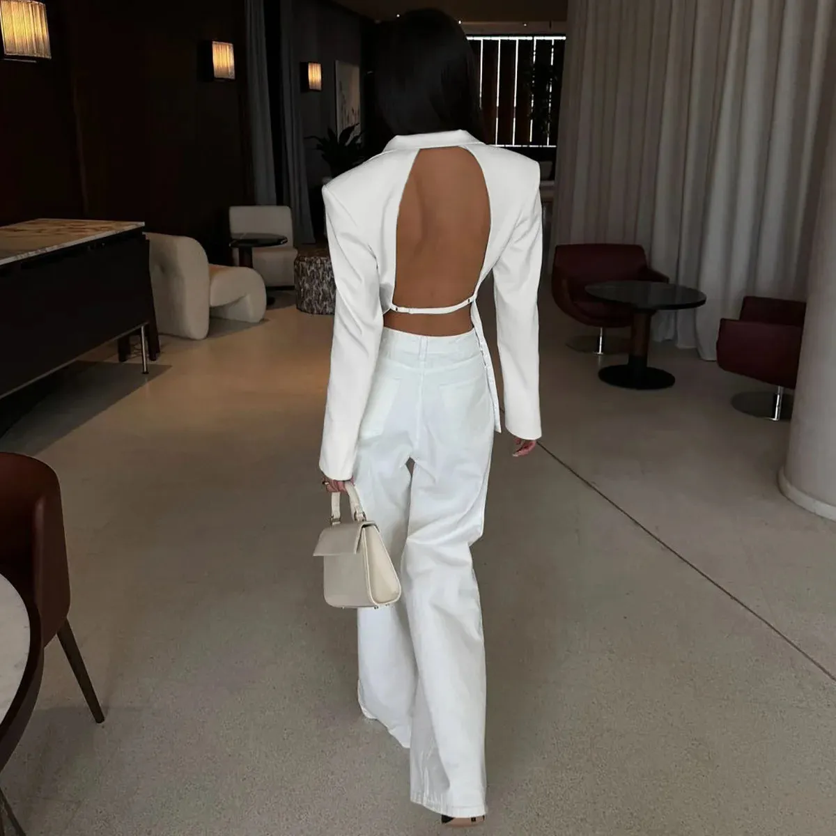 Backless  Black Suit Long Sleeve Blazer Coat