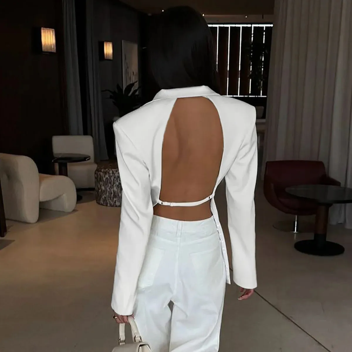 Backless  Black Suit Long Sleeve Blazer Coat