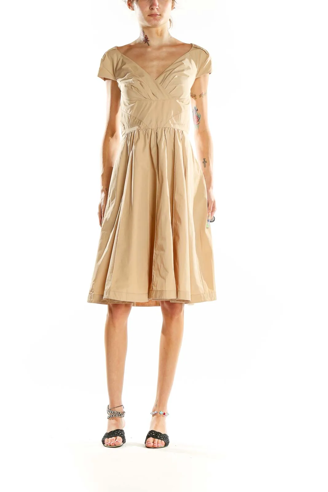 Beige Elegant V-Neck Cocktail Dress