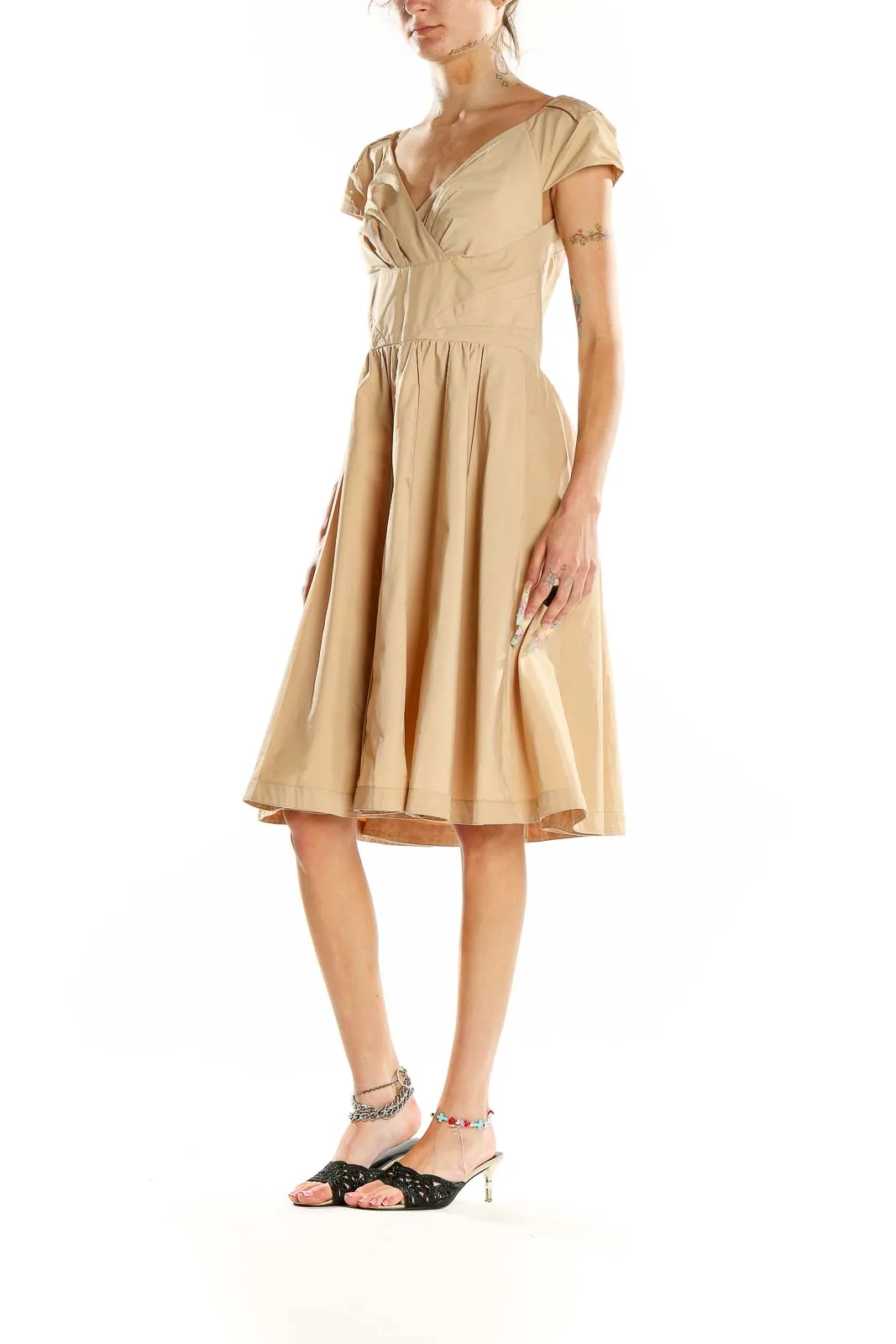Beige Elegant V-Neck Cocktail Dress