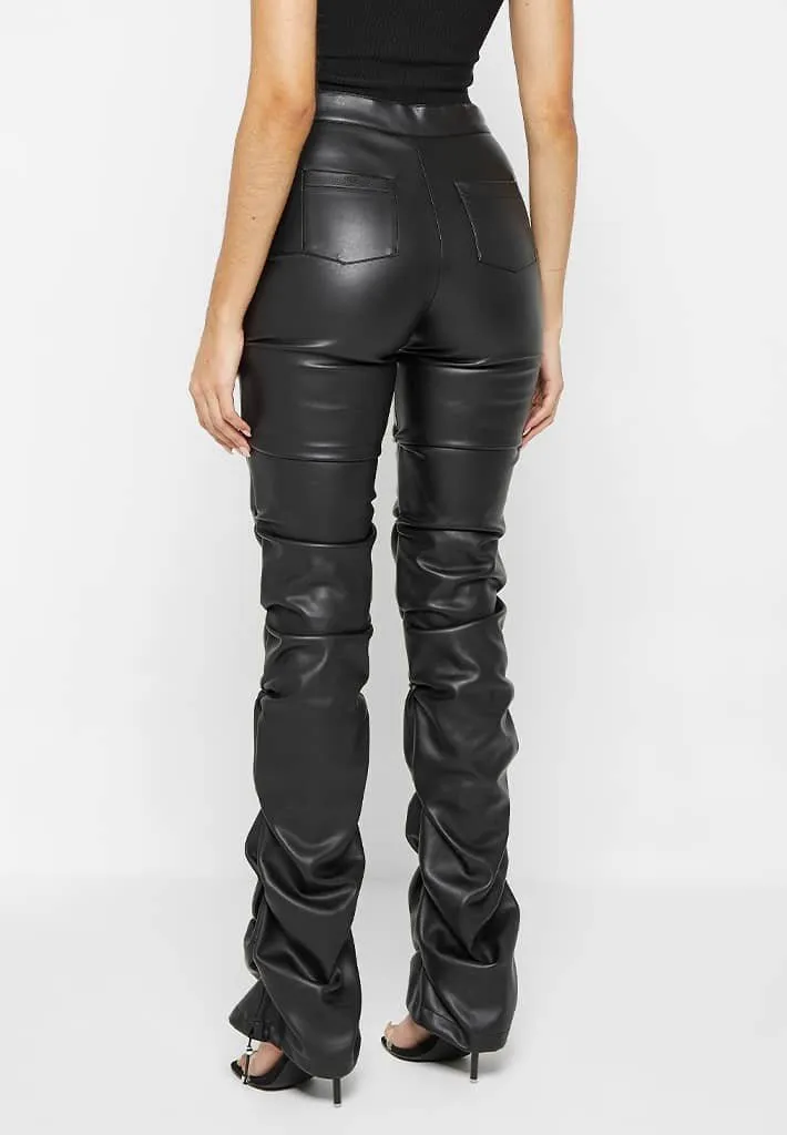 Black Faux Leather Ruched Flared Pants