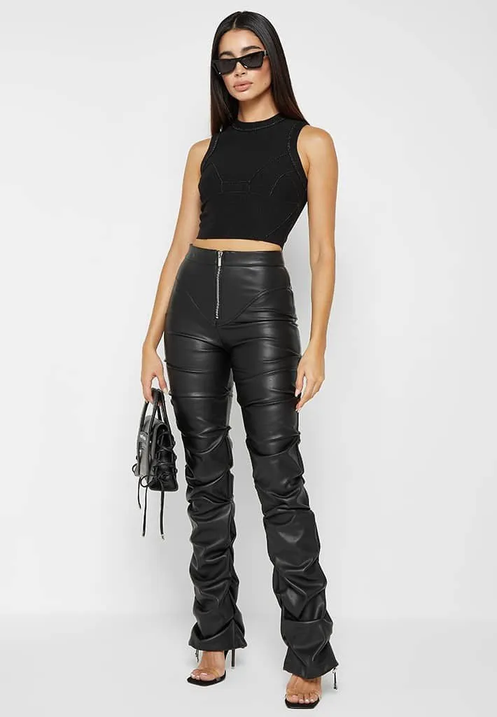 Black Faux Leather Ruched Flared Pants