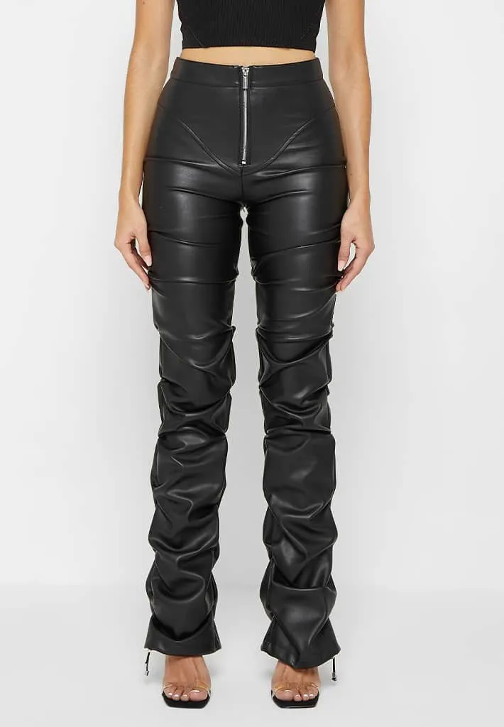 Black Faux Leather Ruched Flared Pants