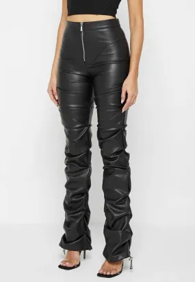 Black Faux Leather Ruched Flared Pants