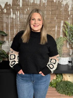 Black Sweater with Granny Square and Stripe Detail