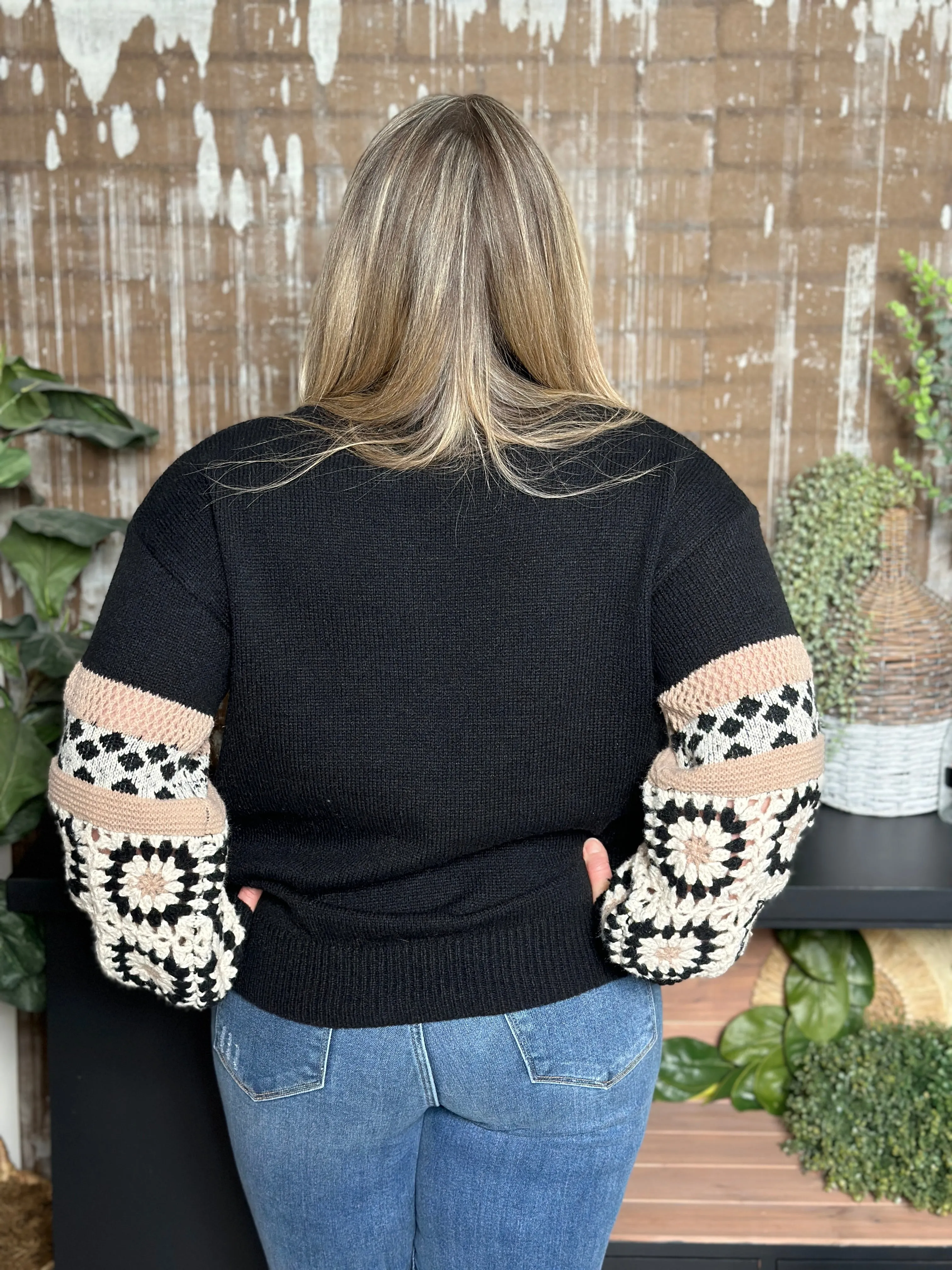 Black Sweater with Granny Square and Stripe Detail