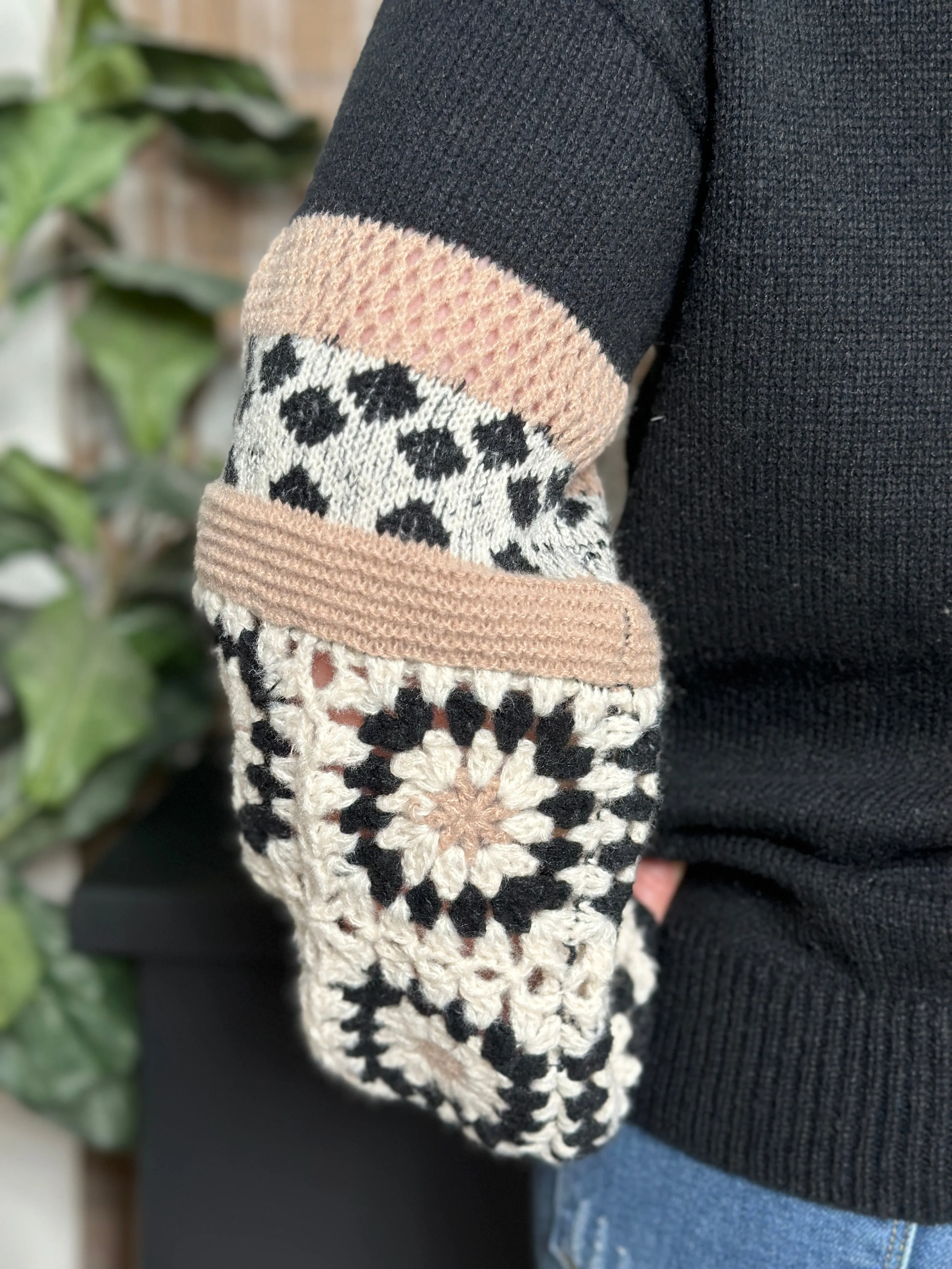 Black Sweater with Granny Square and Stripe Detail