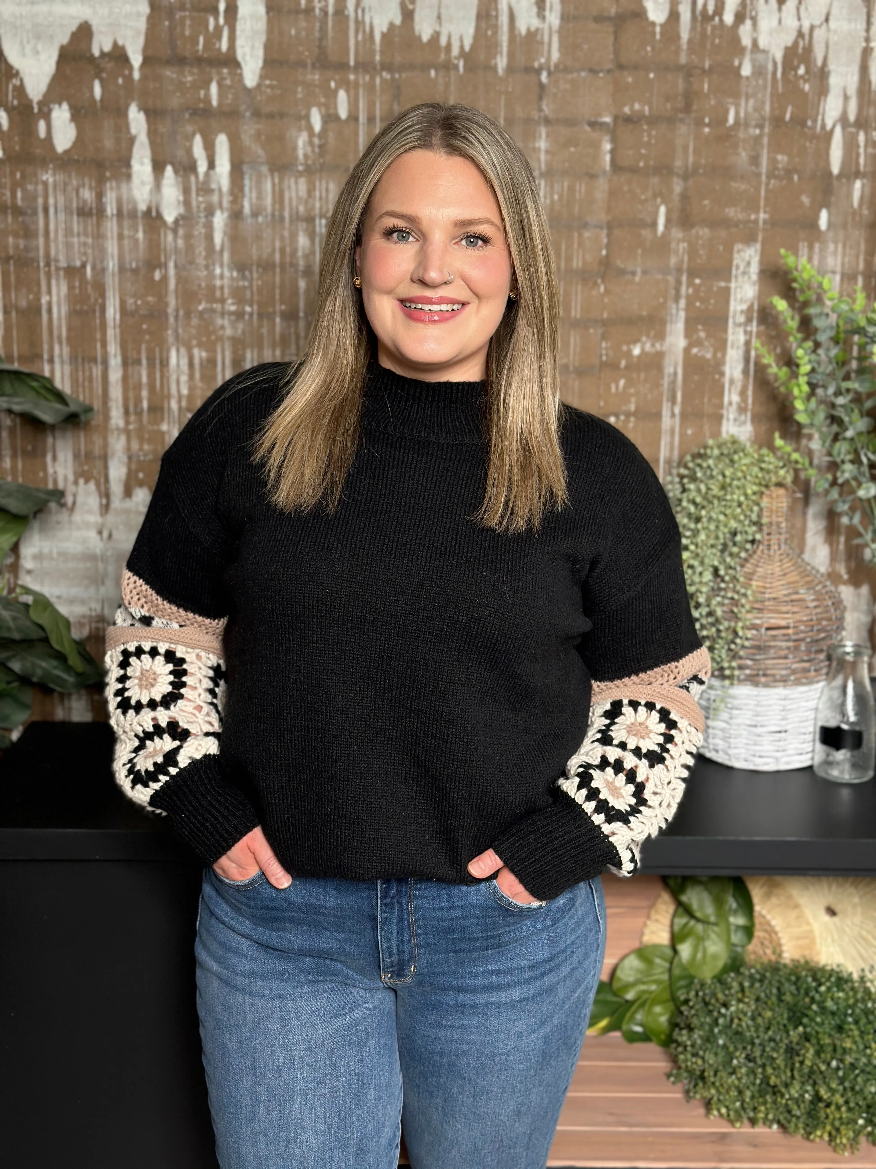 Black Sweater with Granny Square and Stripe Detail