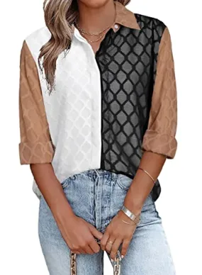 Black White Womens Button Down Shirts Long Sleeve V Neck Blouses Tops for Work - FARYSAYS