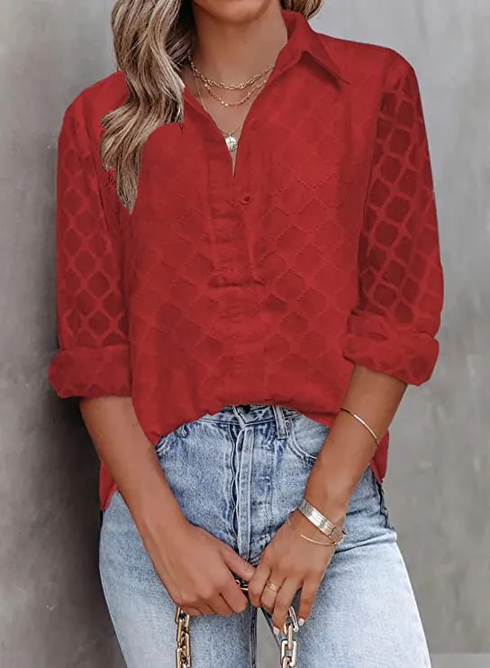 Black White Womens Button Down Shirts Long Sleeve V Neck Blouses Tops for Work - FARYSAYS
