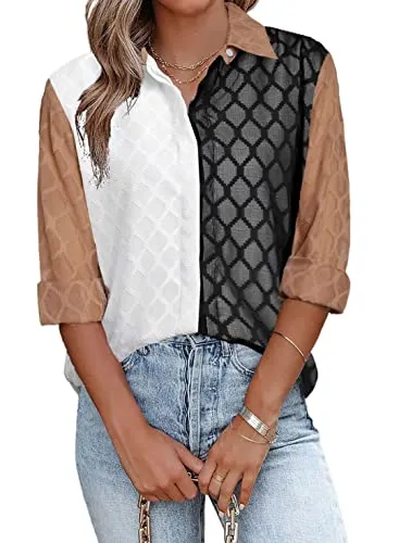 Black White Womens Button Down Shirts Long Sleeve V Neck Blouses Tops for Work - FARYSAYS