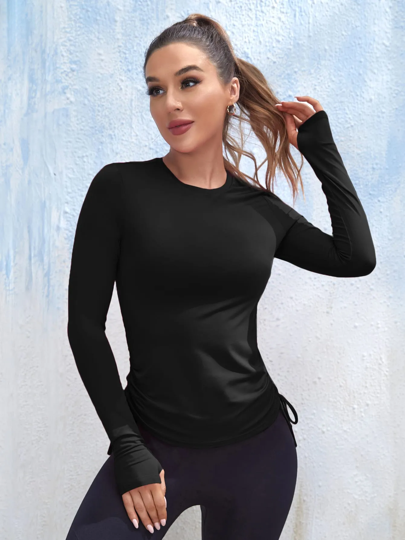 Breathable Softness Ruched Drawstring Marled Knit Sports Tee SS23