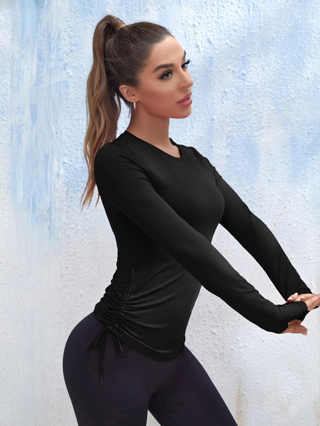 Breathable Softness Ruched Drawstring Marled Knit Sports Tee SS23
