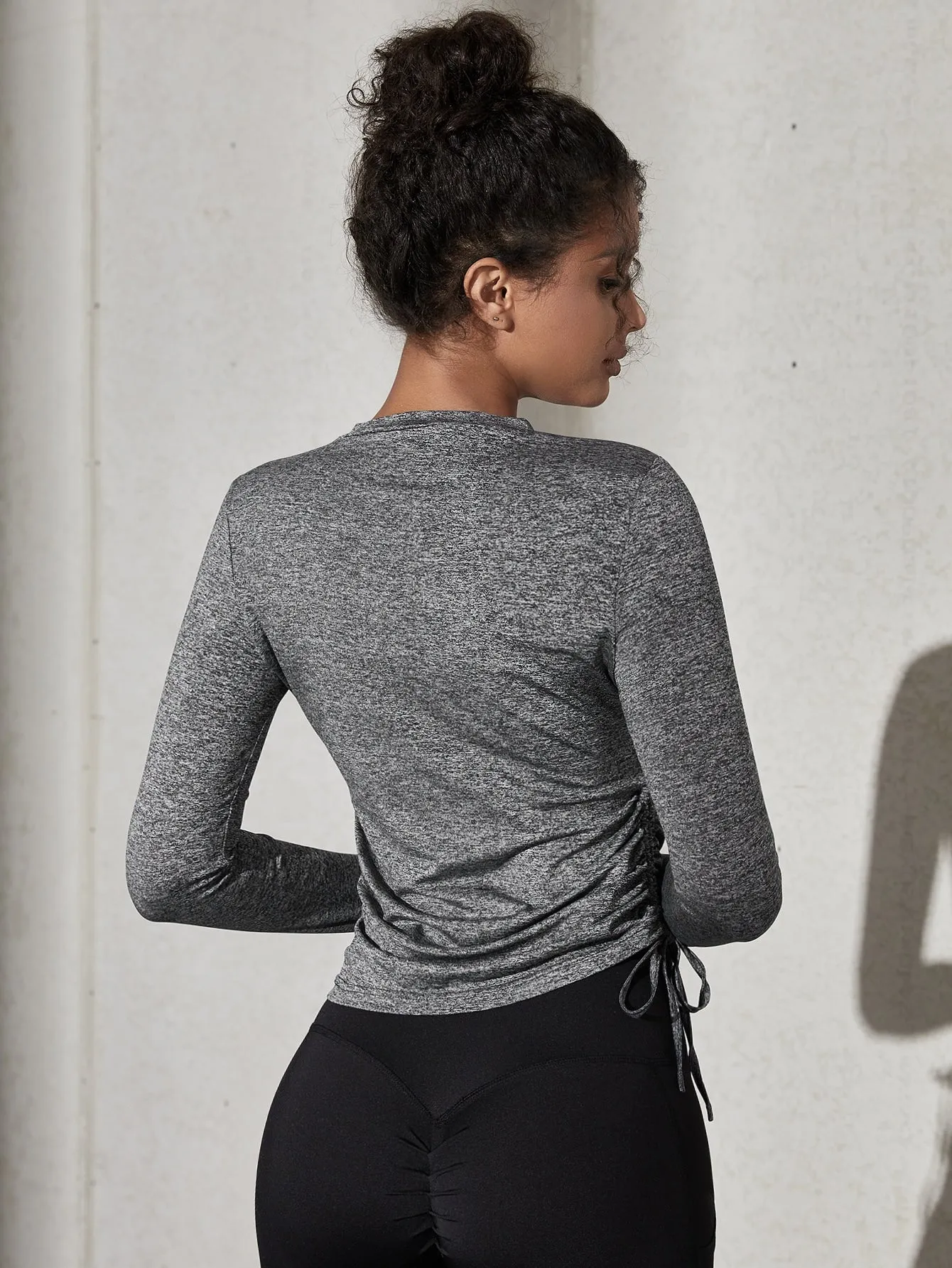 Breathable Softness Ruched Drawstring Marled Knit Sports Tee SS23