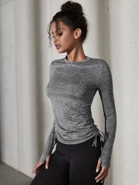 Breathable Softness Ruched Drawstring Marled Knit Sports Tee SS23