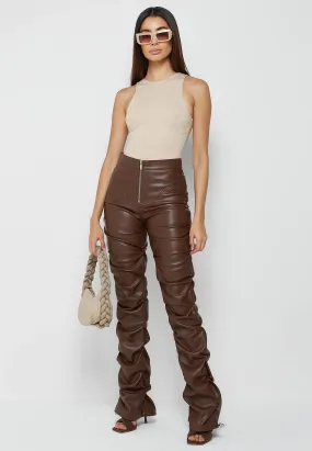 Brown Faux Leather Ruched Flared Pants