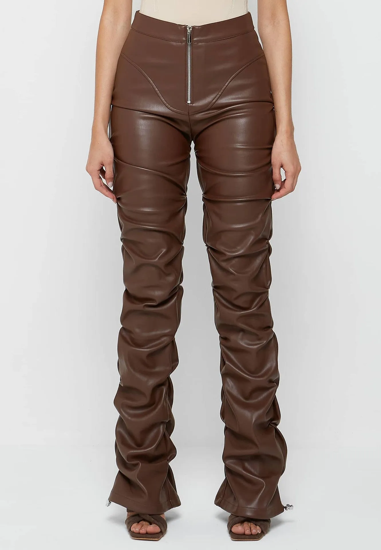 Brown Faux Leather Ruched Flared Pants
