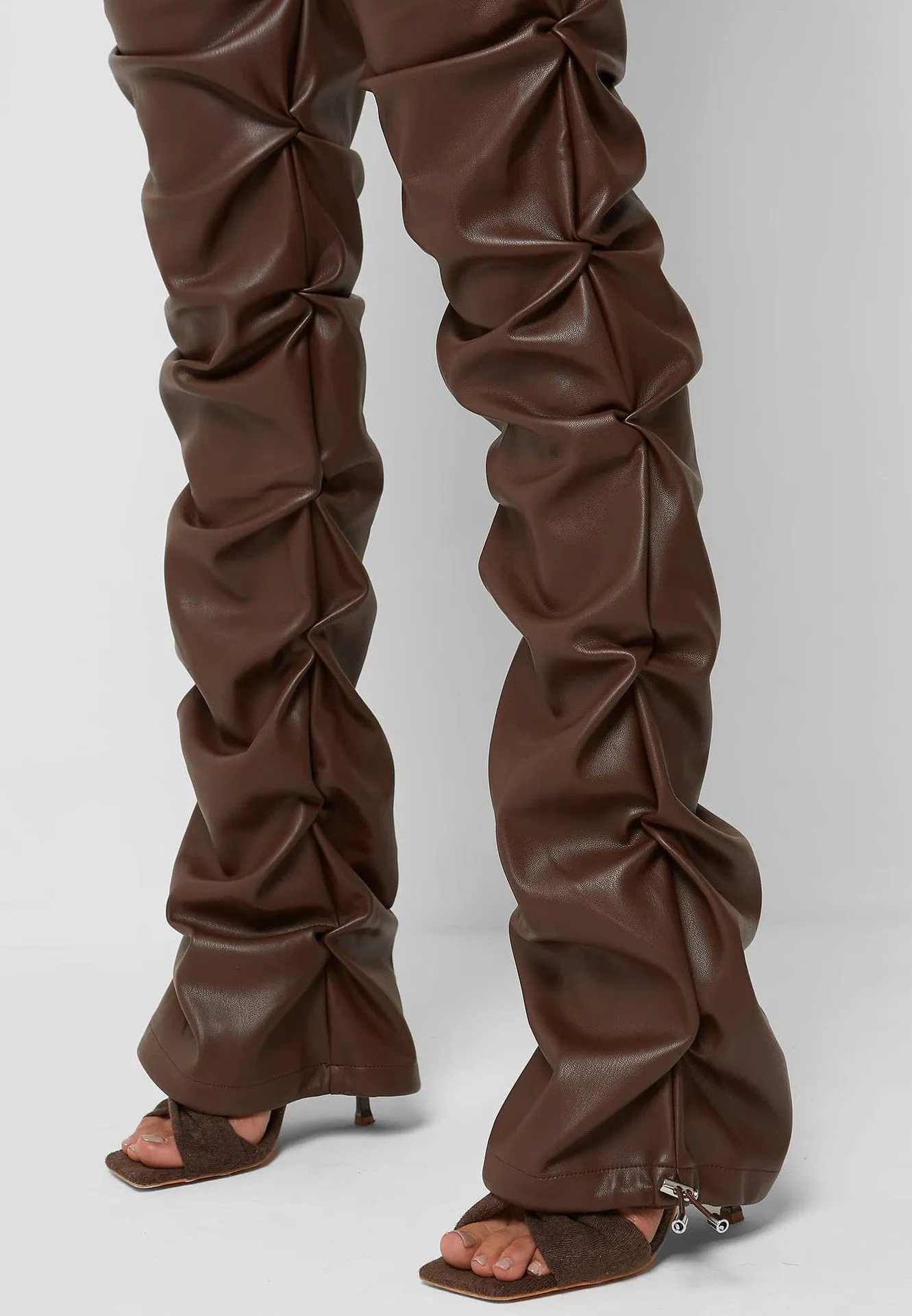 Brown Faux Leather Ruched Flared Pants