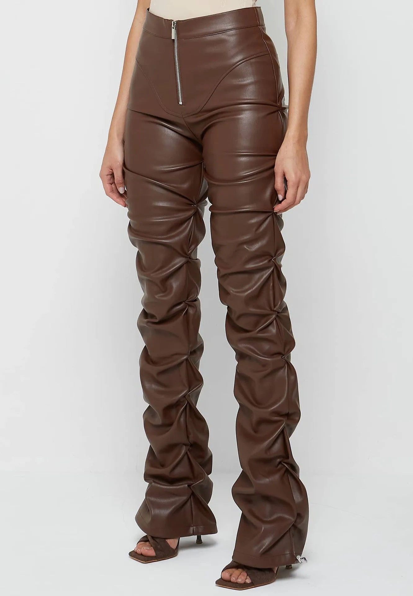 Brown Faux Leather Ruched Flared Pants