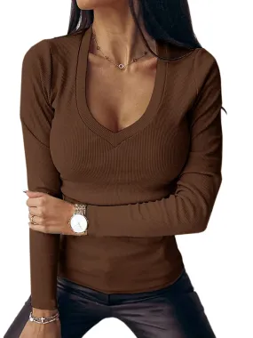 Brown Women Casual Deep V Neck Shirts Long Sleeve Ribbed Slim Solid Tunics Basic Tee Shirts Tops - Soulomelody