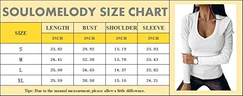 Brown Women Casual Deep V Neck Shirts Long Sleeve Ribbed Slim Solid Tunics Basic Tee Shirts Tops - Soulomelody