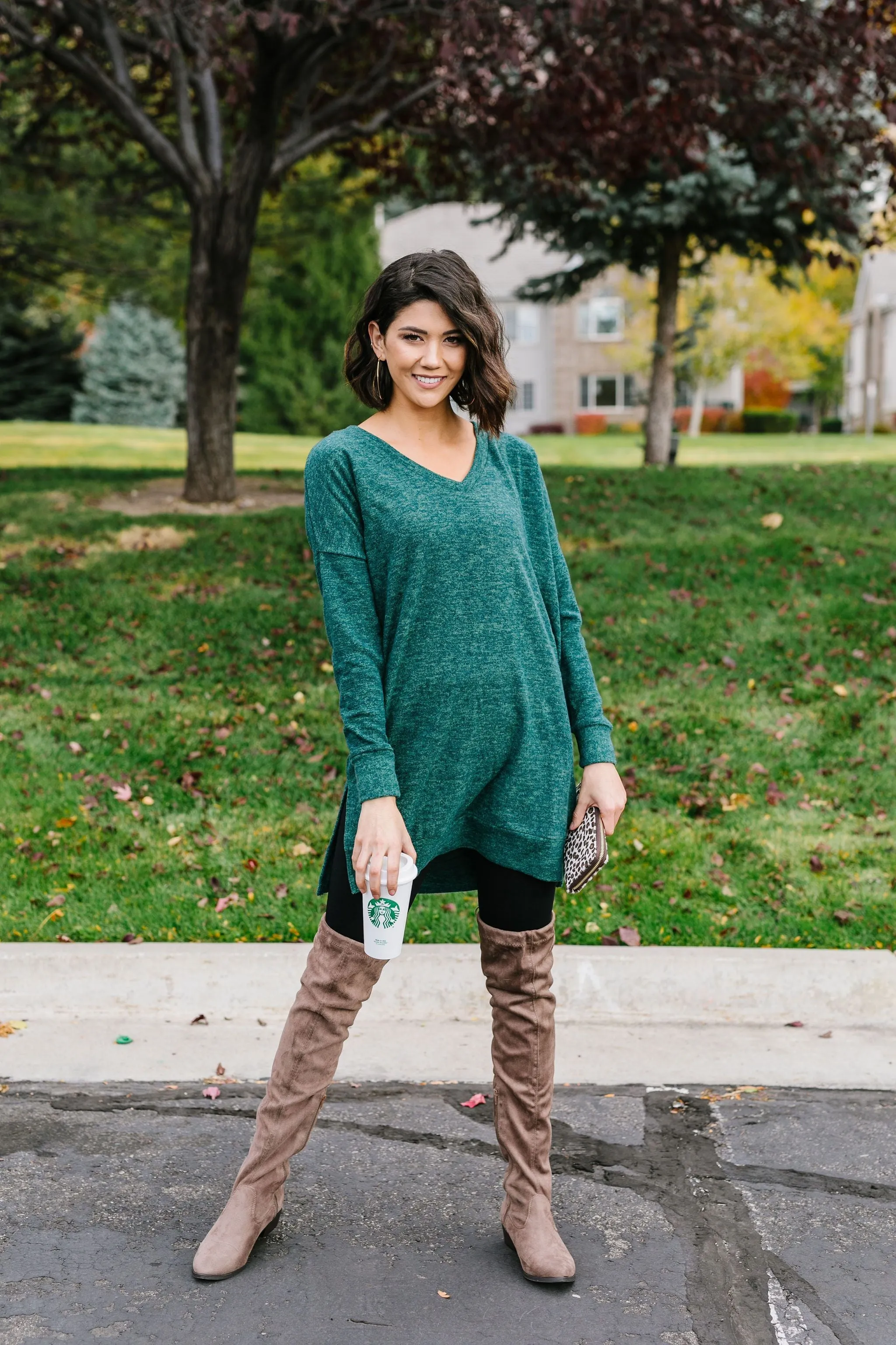 Brushed Melange V-Neck Sweater In Hunter Green