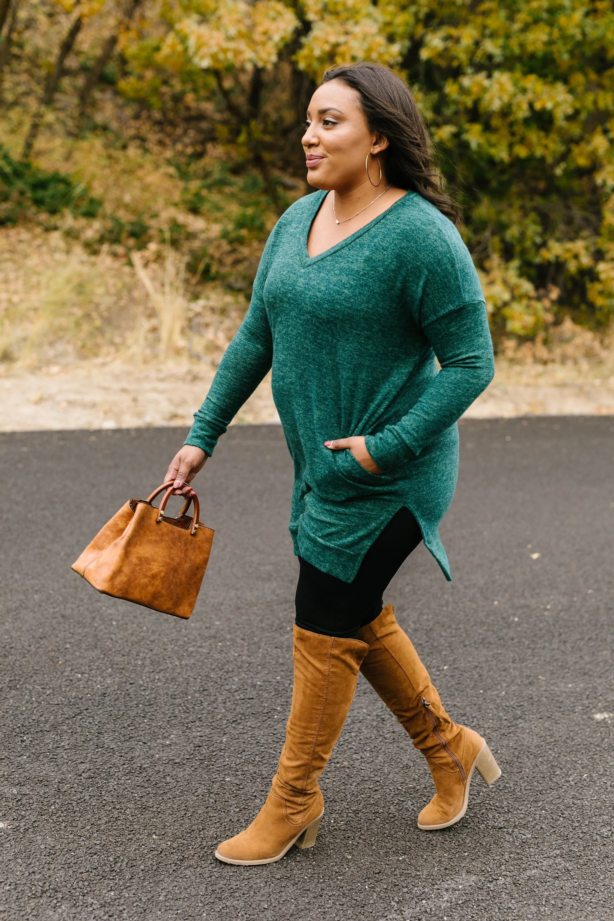 Brushed Melange V-Neck Sweater In Hunter Green