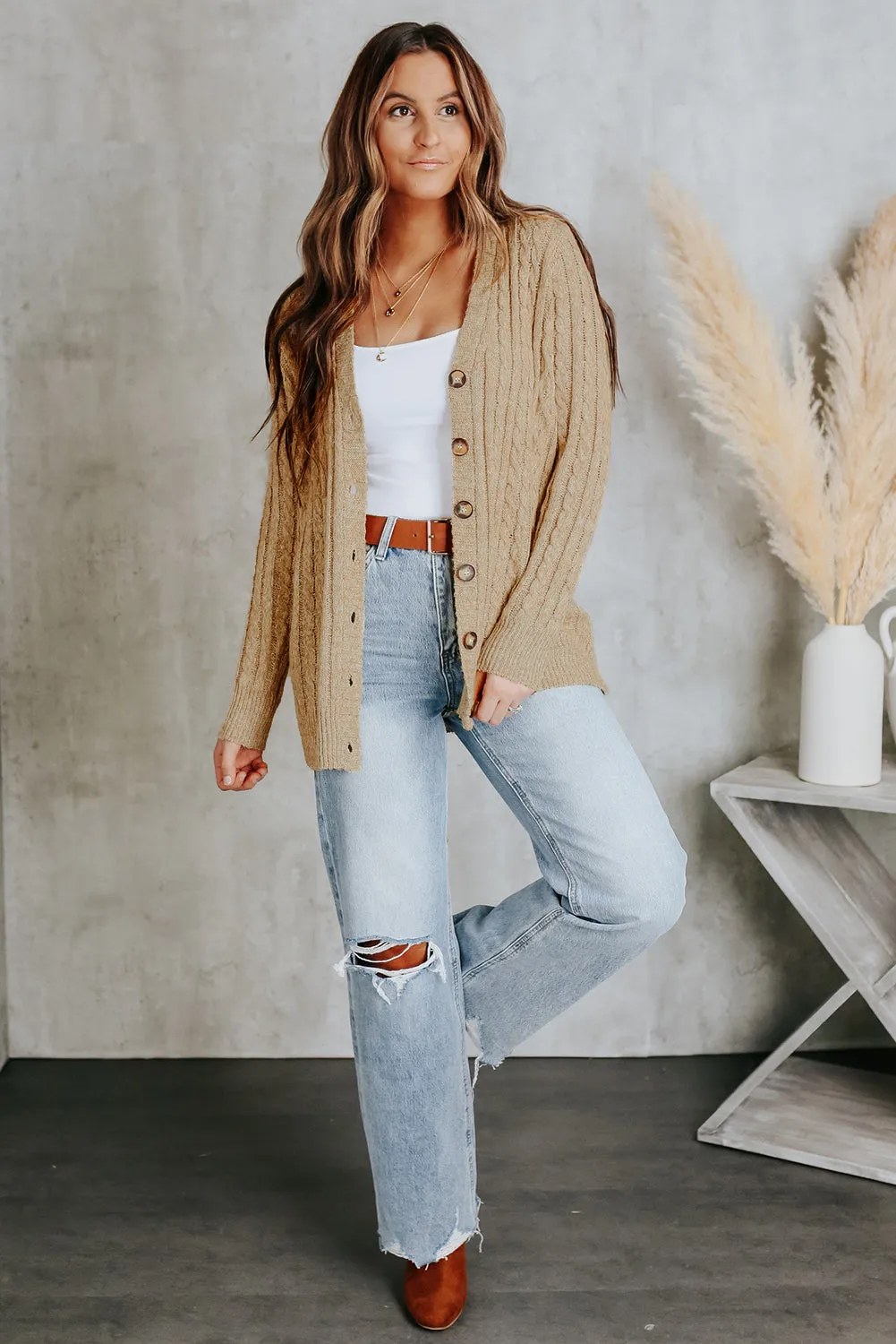 Buttons Front Cable Knit Cardigan