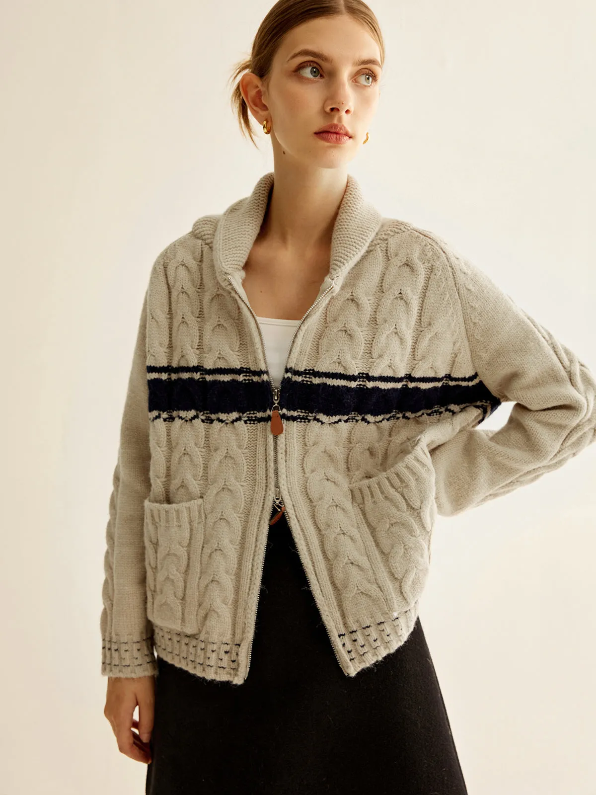 Chicmy-Winter Outfits Christmas Thanksgiving Gift New Year's Eve Outfits Streetwear Fashion Color Block Twist Zipper Knit Outerwear