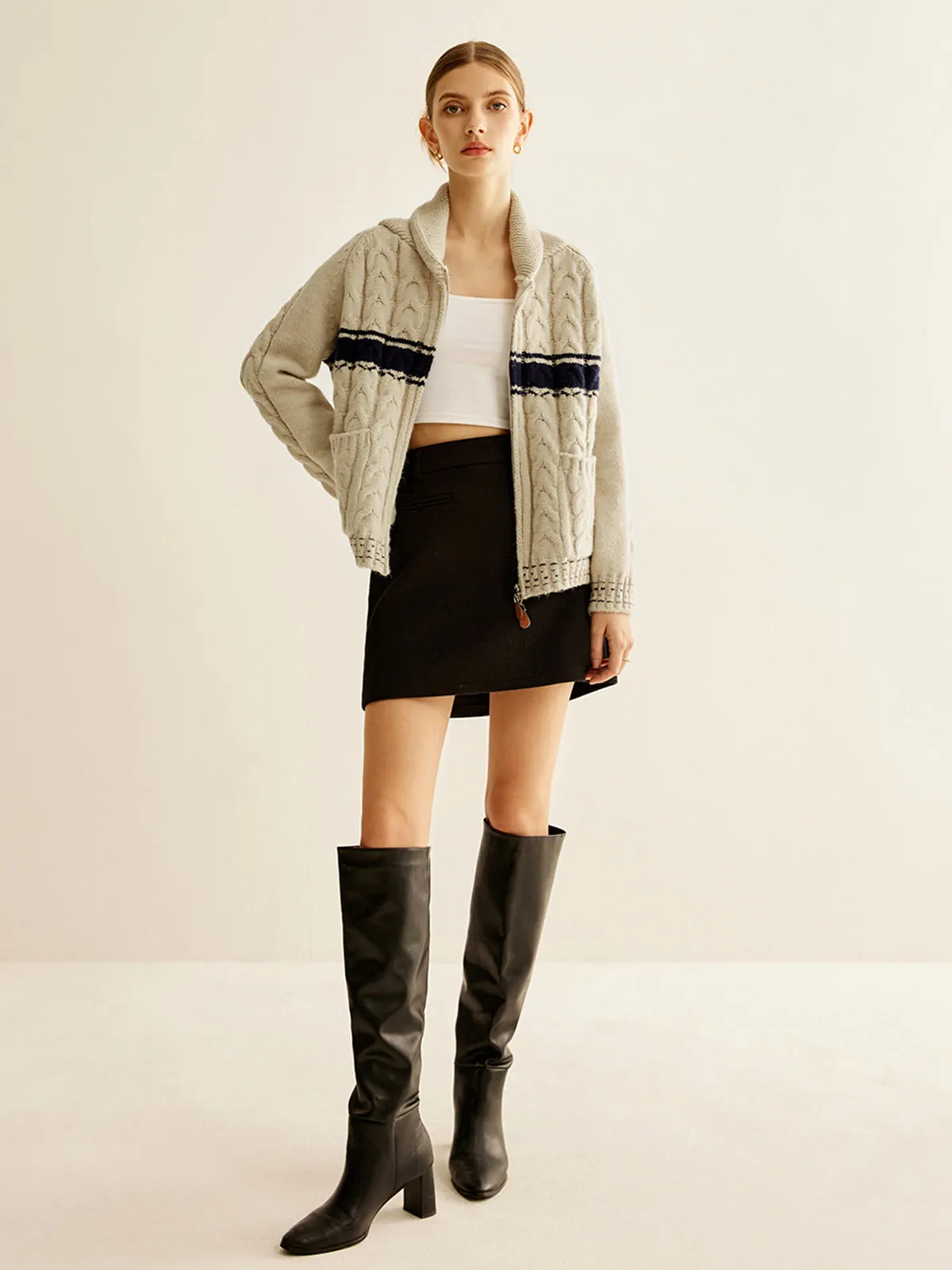 Chicmy-Winter Outfits Christmas Thanksgiving Gift New Year's Eve Outfits Streetwear Fashion Color Block Twist Zipper Knit Outerwear