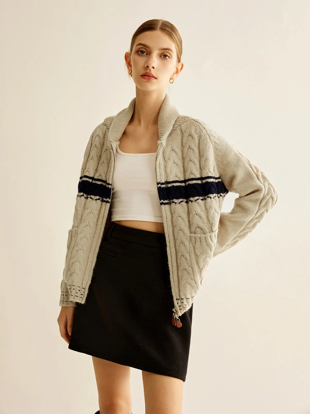 Chicmy-Winter Outfits Christmas Thanksgiving Gift New Year's Eve Outfits Streetwear Fashion Color Block Twist Zipper Knit Outerwear