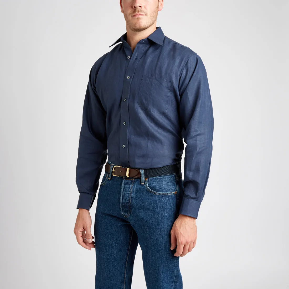 Classic Fit Plain Linen Button Cuff Shirt in Navy
