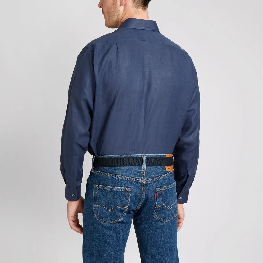 Classic Fit Plain Linen Button Cuff Shirt in Navy