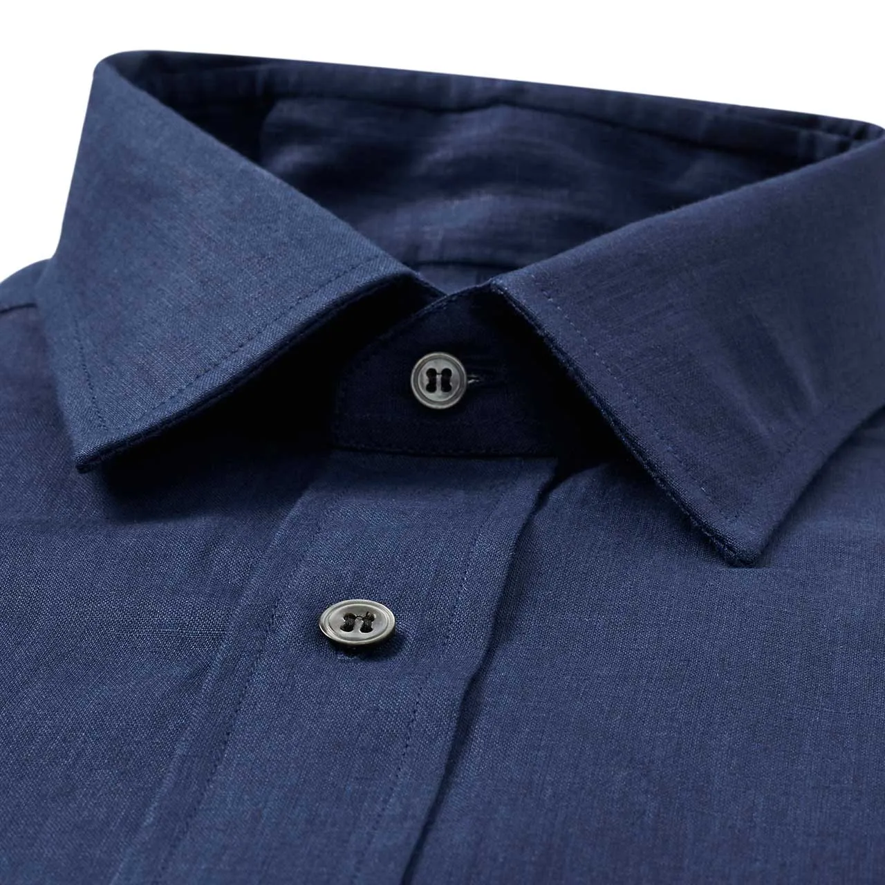 Classic Fit Plain Linen Button Cuff Shirt in Navy