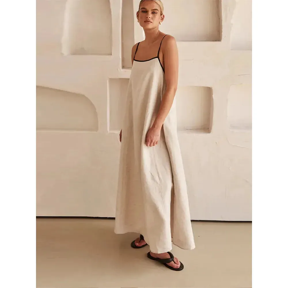 Cotton Linen Sling Women's Summer Sexy Backless Long Chic Maxi Dress