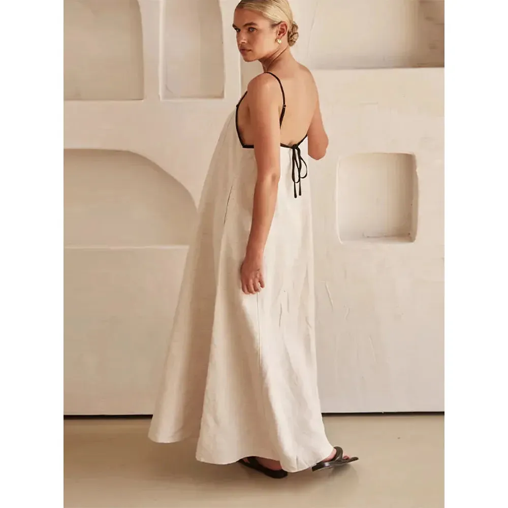 Cotton Linen Sling Women's Summer Sexy Backless Long Chic Maxi Dress