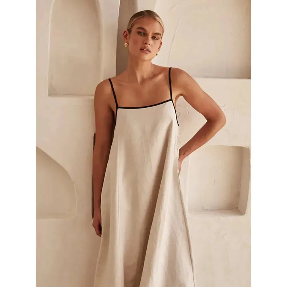 Cotton Linen Sling Women's Summer Sexy Backless Long Chic Maxi Dress